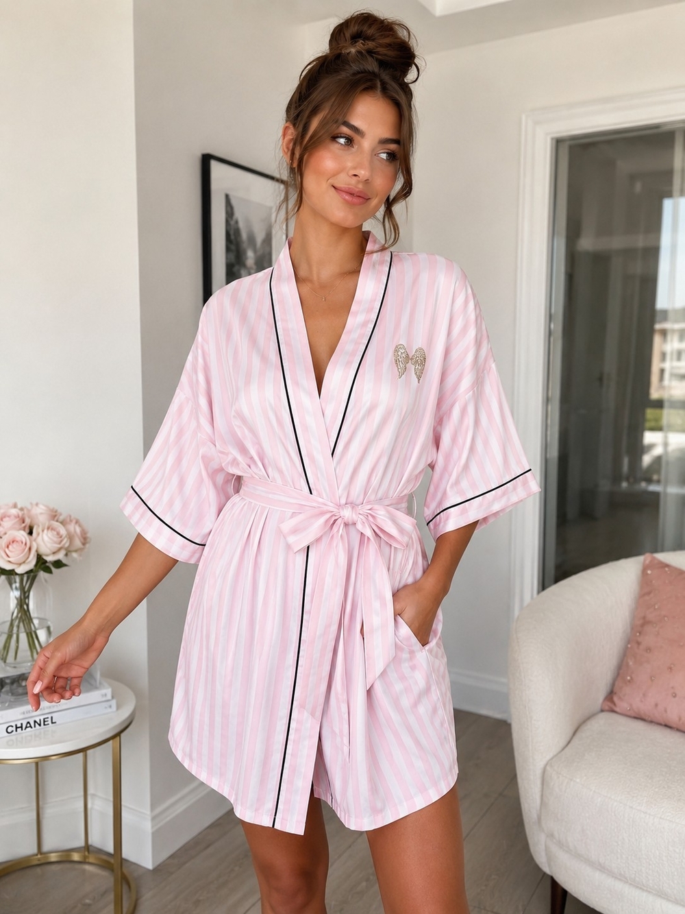 Victoria's Secret Pink & White Striped Robe | M/L | Angel Wings Embellishment
